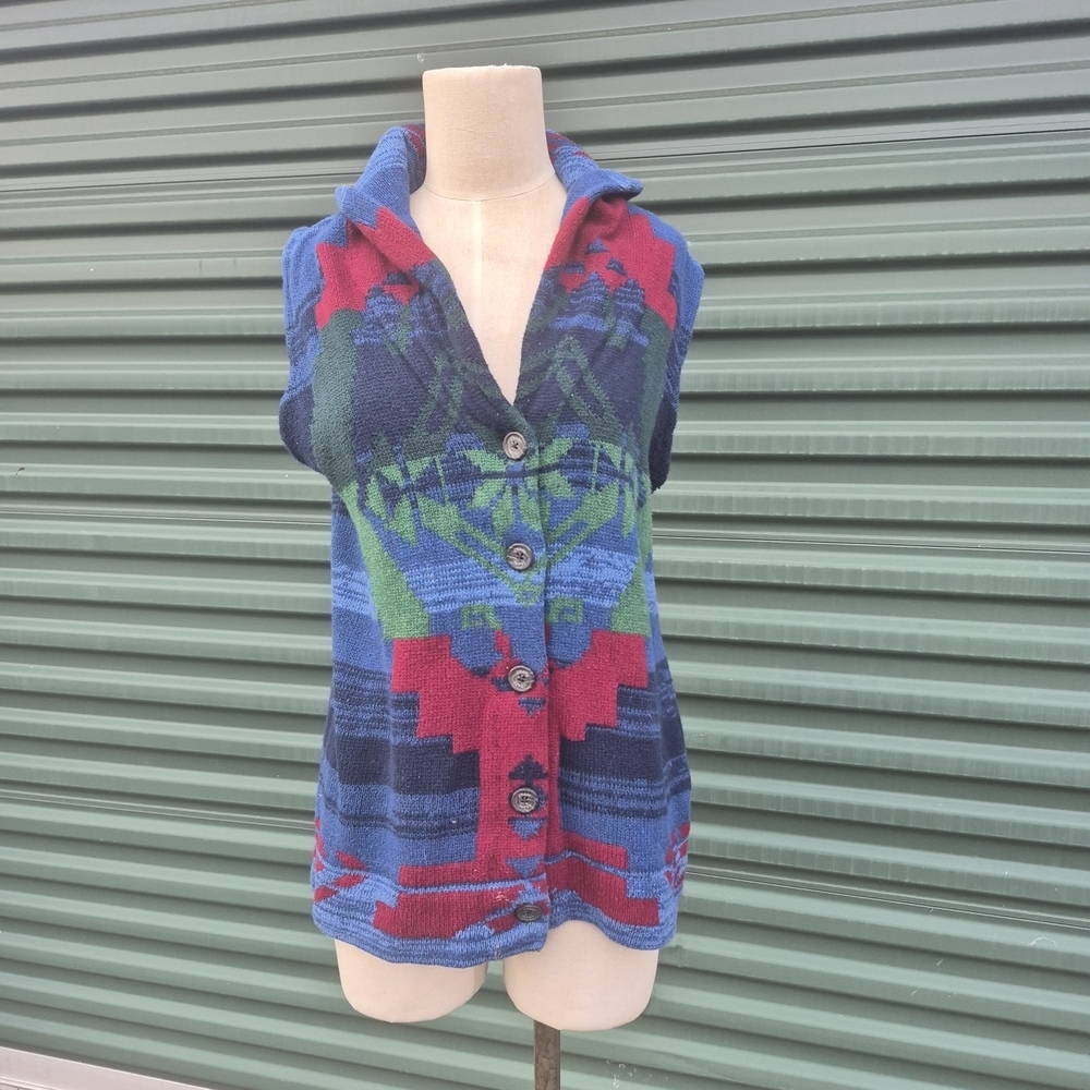 Chaps Denim Hooded Sweater Vest Large Southwest Aztec Tribal Knit Button Front - Picture 2 of 8